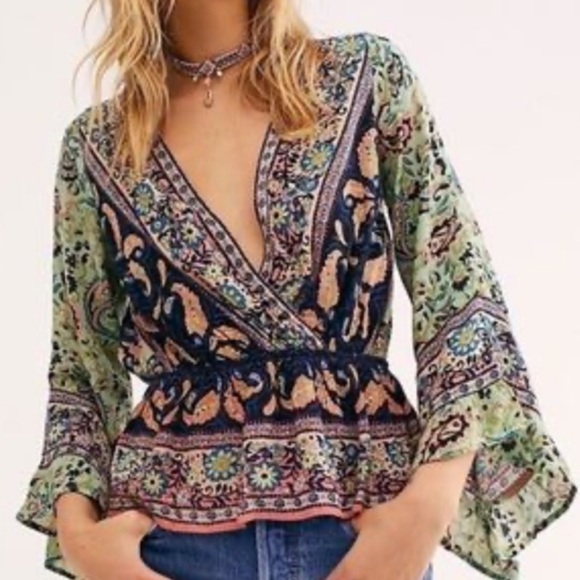 Free People Rosalie Multicolor Floral Paisley Bell Sleeve Faux Wrap Blouse - Picture 1 of 16